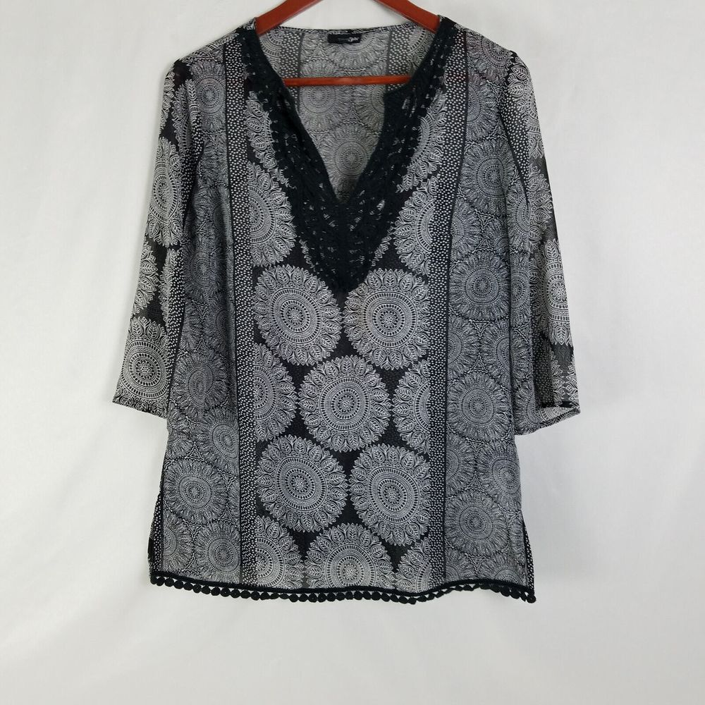 East 5th Shirt Womens Medium Black Top Sheer 3/4‎ Sleeve Crochet Split Neck